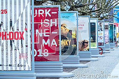 Posters advertising the upcoming films during Berlinale 2018 Editorial Stock Photo