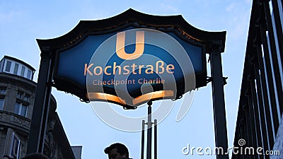 BERLIN, GERMANY - JAN 17th, 2015: Kochstrasse U-Bahn station sign at famous Checkpoint Charlie, subway station Editorial Stock Photo