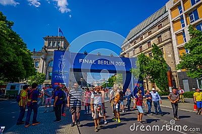 BERLIN, GERMANY - JUNE 06, 2015: Barcelona team fans of Spain waitting on Brandenburger gate for celebration, Berlin was Editorial Stock Photo