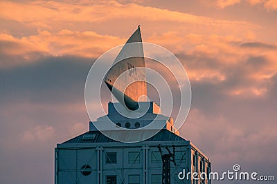 Berlin, Germany - June 21 2015: Landscape view of the Beckhoff sail on Kant-Dreieck building Editorial Stock Photo