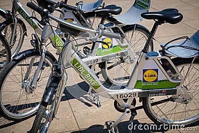 Lidl Bike bicycles for rent offering bike sharing in the city Editorial Stock Photo