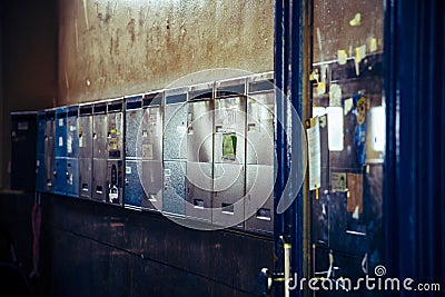 Metal mailboxes in the entrance hallway of an old apartment building Editorial Stock Photo