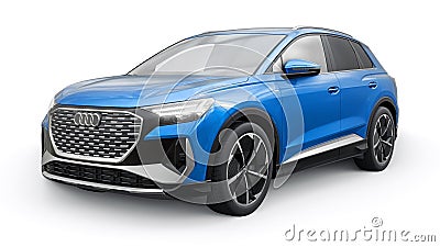 Berlin. Germany. March 11, 2024. Audi Q4 e-tron 2022. Light blue modern electric SUV on a white background. A new Cartoon Illustration