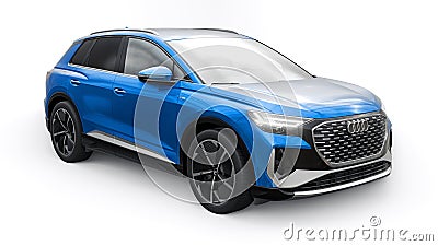 Berlin. Germany. March 11, 2024. Audi Q4 e-tron 2022. Light blue modern electric SUV on a white background. A new Cartoon Illustration