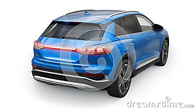 Berlin. Germany. March 11, 2024. Audi Q4 e-tron 2022. Light blue modern electric SUV on a white background. A new Cartoon Illustration