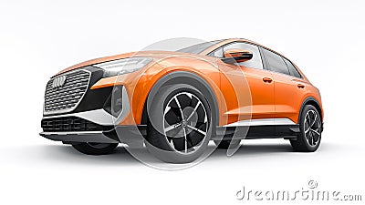 Berlin. Germany. March 11, 2024. Audi Q4 e-tron 2022. Orange modern electric SUV on a white background. A new advanced Cartoon Illustration