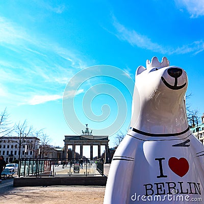 Berlin Bear with I love Berlin shirt in front of Brandenburg Gate Editorial Stock Photo