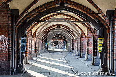 BERLIN, GERMANY, MARCH 12, 2015: brick arcs of oberbaumbrucke creates covered passage for pedestrians in berlin....IMAGE Editorial Stock Photo