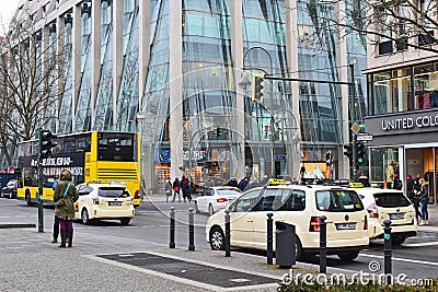 View over the Berlin boulevard `Tauentzien` with shops, bus and taxis Editorial Stock Photo