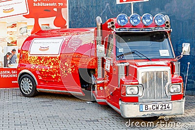 Auto truck decoration at the entrance to the Curry wurst sausage in Berlin Editorial Stock Photo