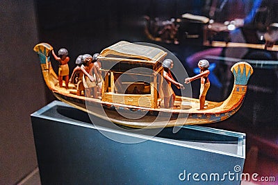 Egyptian statuette wooden boat in German Technical museum Editorial Stock Photo