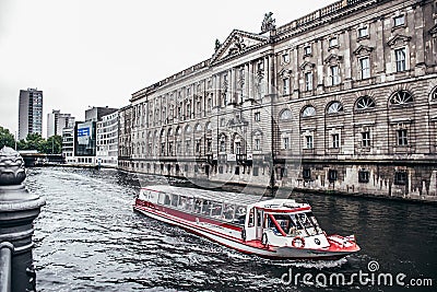 Excursion boat on Spree river near famous Museumsinsel Museum Island Editorial Stock Photo