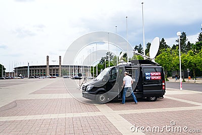 Sky Sports television production truck stands in front of Olympic stadiumin Berlin, Germany Editorial Stock Photo