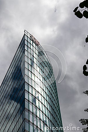 Berlin, Germany - May 6, 2019 - View of headquarters of German Railway company at the Potsdam square. The sky is overcast and the Editorial Stock Photo