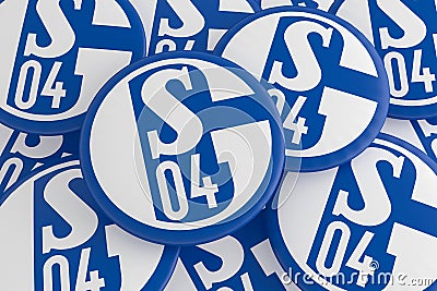 German Bundesliga Badges: Pile of Schalke 04 Logo Buttons, 3D Illustration Editorial Stock Photo