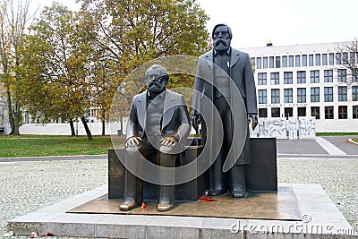 Berlin, Germany - November 9, 2023: Monument to Karl Marx and Friedrich Engels in Marx-Engels-Forum in central Berlin Editorial Stock Photo
