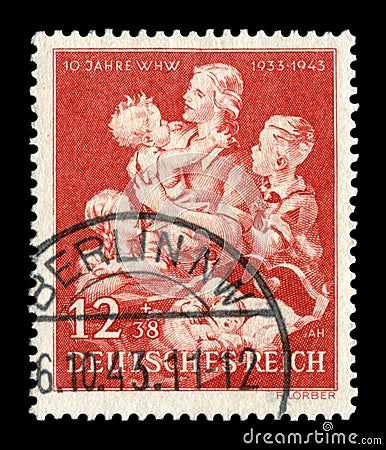 Berlin, GERMANY â€” 6 october 1943: German historical stamp: Mother with child. Anniversary issue Editorial Stock Photo