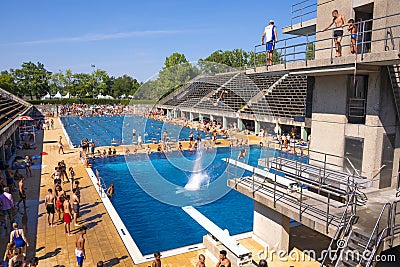 Berlin, Germany - Open swimming pool at the Berlin Olympic Sports Park complex near the historic Olympiastadion Editorial Stock Photo