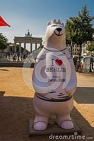 Berlin, Germany: The polar bear sculpture is at the Brandenburg Gate, with the inscription I love Berlin Editorial Stock Photo