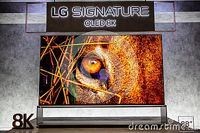 LG 8k Signature Smart OLED Premium TV on display, at LG exhibition showroom, stand at Global Innovations Show IFA 2019 Editorial Stock Photo