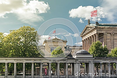 BERLIN, GERMANY - SEPTEMBER 26, 2018: Overview of the Museum Island, the Neues museum and the Alte National Galerie with Editorial Stock Photo