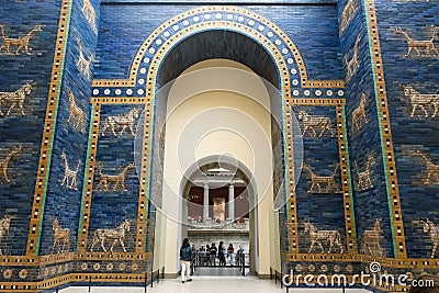 BERLIN, GERMANY - SEPTEMBER 26, 2018: Upwards overview of the blue Ishtar Gate of Babylon, decorated with extinct Editorial Stock Photo