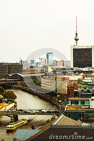 Berlin, Germany: TV tower and the Cathedral in Berlin. Top view of the German capital, the landscape of the Central district of Editorial Stock Photo