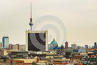 Berlin, Germany: TV tower and the Cathedral in Berlin. Top view of the German capital, the landscape of the Central district of Editorial Stock Photo