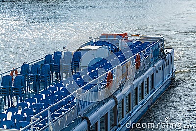 14.05.2019. Berlin, Germany. A view of the river and the boat in sunny day. Editorial Stock Photo