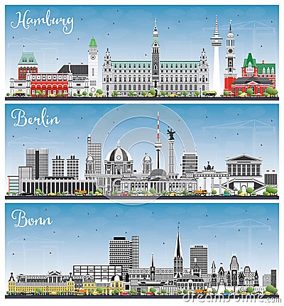 Berlin, Hamburg and Bonn City Skylines Set with Gray Buildings and Blue Sky Stock Photo