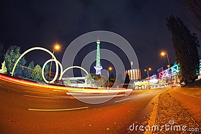 Berlin ICC (Messe Berlin) and Funkturm with Traffic and Lights Stock Photo