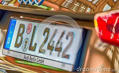 BERLIN - JULY 25, 2016: Car plate of a Berlin Audi. Plate indicates the place where the vehicle bearing it was once registered Editorial Stock Photo