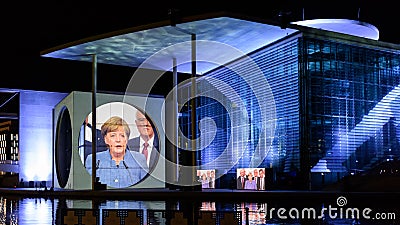 Berlin - light show over government offices downtown on the Spree river Editorial Stock Photo