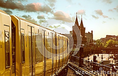 Berlin Oberbaumbruecke with a yellow streetcar Stock Photo