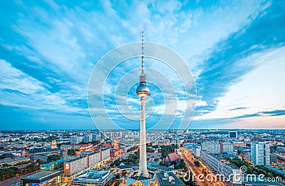 Berlin skyline panorama with famous TV tower at Alexanderplatz at night, Germany Editorial Stock Photo