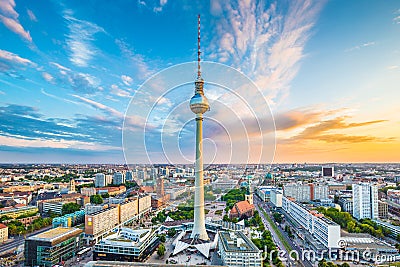 Berlin skyline panorama with TV tower at sunrise, Germany Stock Photo