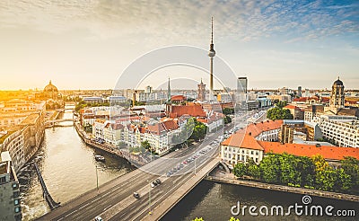 Berlin skyline with Spree river at sunset, Germany Stock Photo