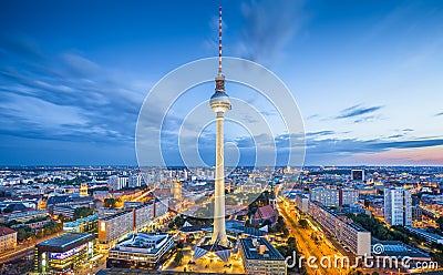 Berlin skyline with TV tower at Alexanderplatz at dusk, Germany Stock Photo