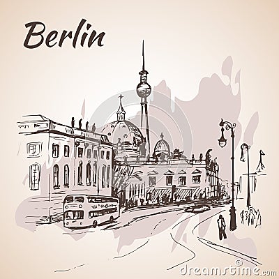 Berlin street with buses and Berlin TV Tower Vector Illustration