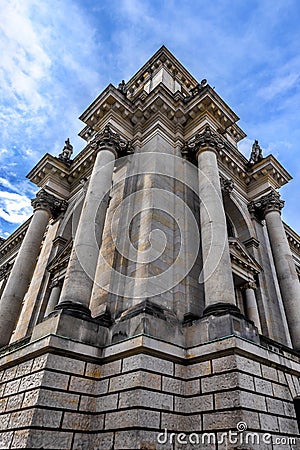 Berlin 6th july 2018 close-up of the facade of the Reichstag building with a soft blue sky with clouds as background Stock Photo