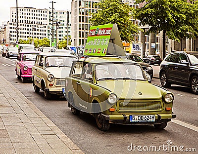 Berlin - Vintage Trabant cars advertising the Trabi Museum Editorial Stock Photo