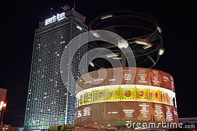 Berlin, World Clock and Radisson blu hotel Editorial Stock Photo