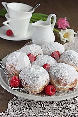 Berliner ( donuts ) with raspberry and jam filling Stock Photo