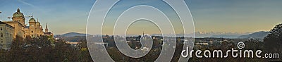 Bern city and Federal Palace of Switzerland (Bundesplatz) with Swiss alps on sunset. Stock Photo