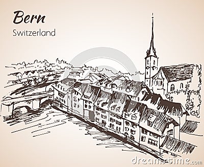 Bern city view sketch. Switzerland. Vector Illustration