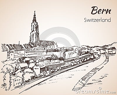 Bern city view sketch. Switzerland. Vector Illustration