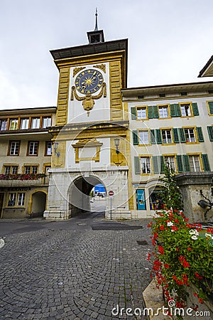 Bern Gate in City of Morat also named Murten Editorial Stock Photo