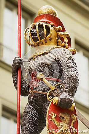 Detail of the Zahringerbrunnen statue - Warrior Bear Fountain in Bern, Switzerland. Editorial Stock Photo