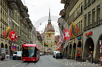 Spitalgasse street with Kafigturm tower, Bern Editorial Stock Photo