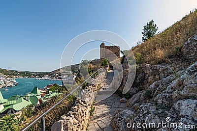 Bernabo Grillo Tower. Ruins of the Genoese fortress Chembalo in Crimea Editorial Stock Photo